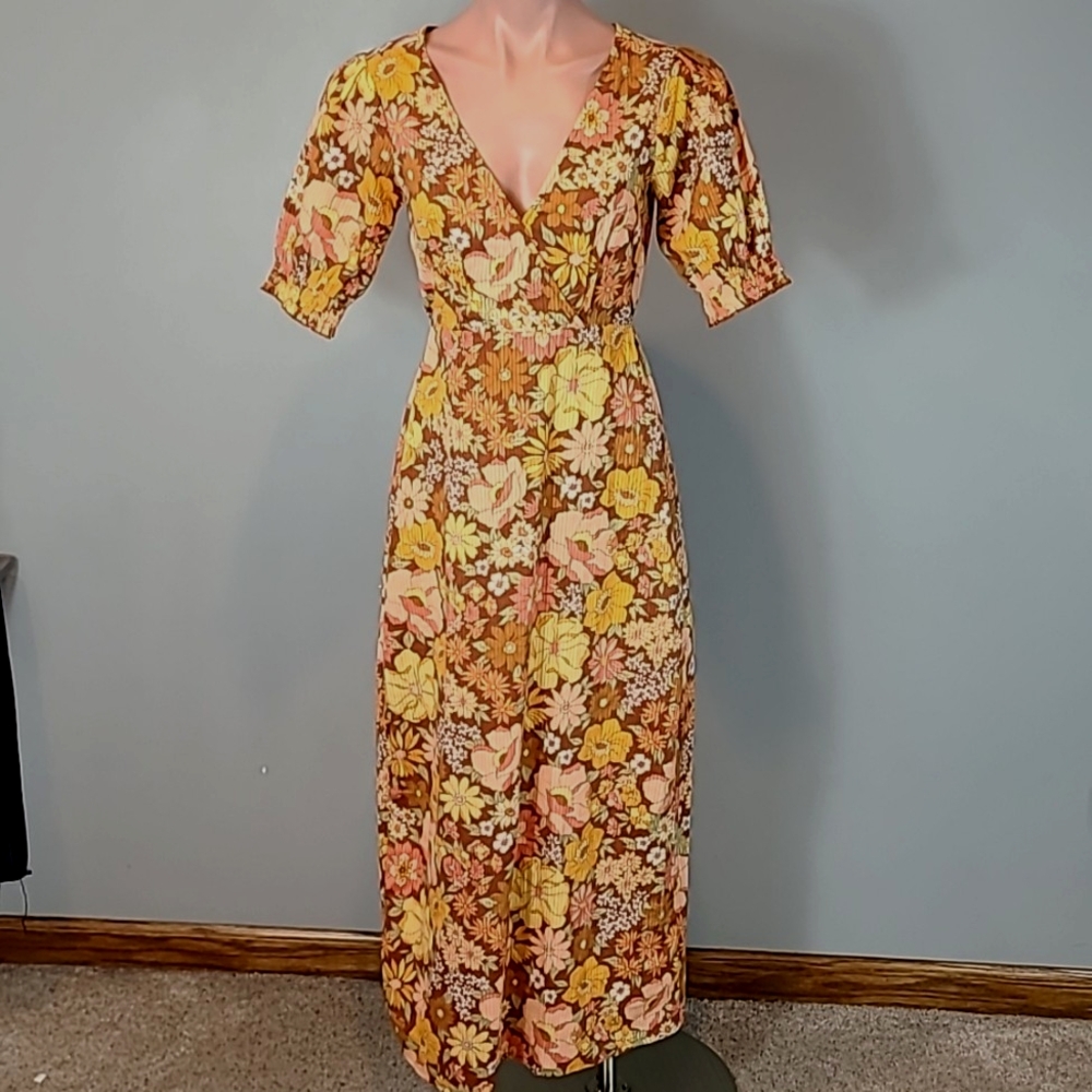 Billabong Floral Maxi Dress in Yellow, Brown, Pink